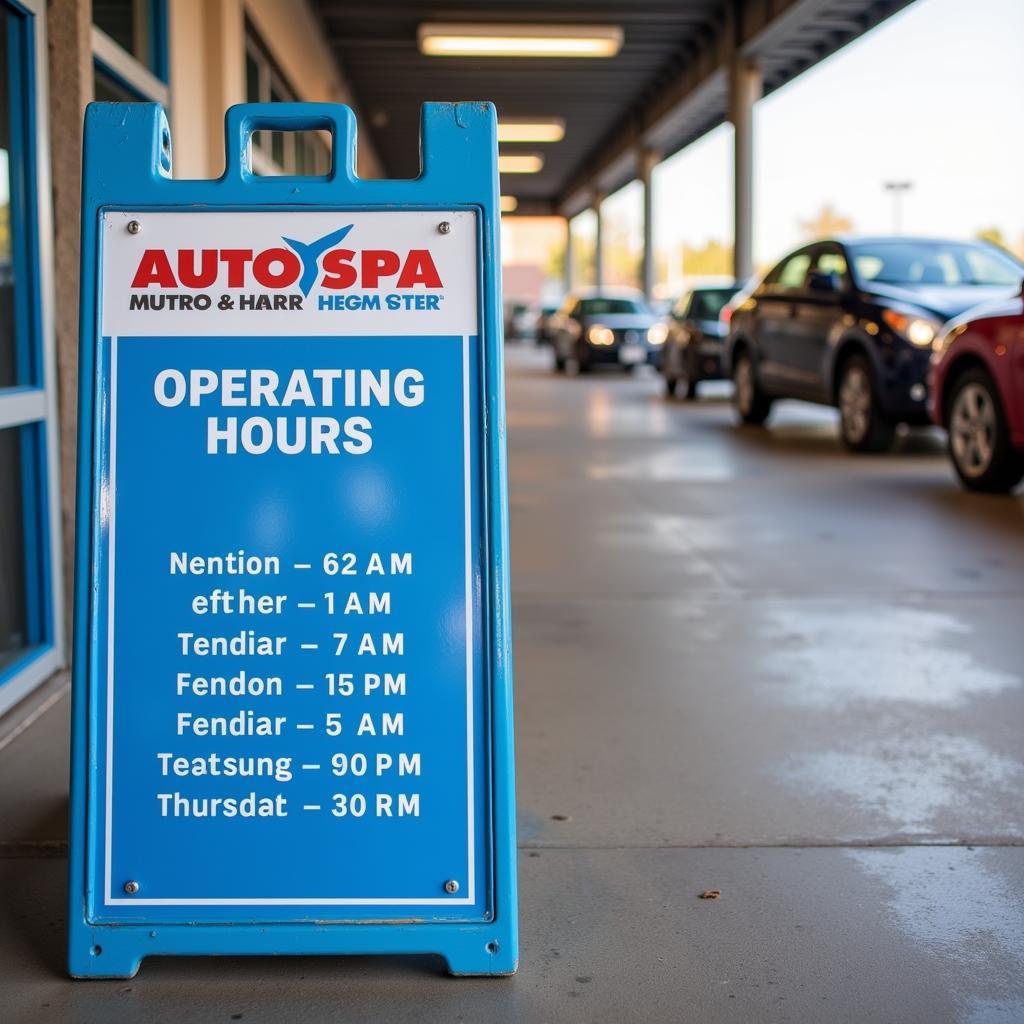 Auto Spa Car Wash Operating Hours Sign Displayed at the Entrance