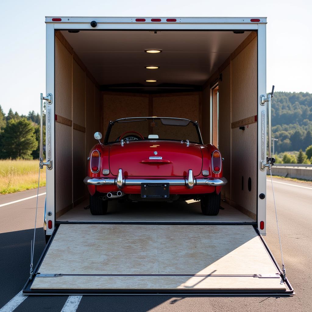 Enclosed trailer transporting a luxury car to an auto spa