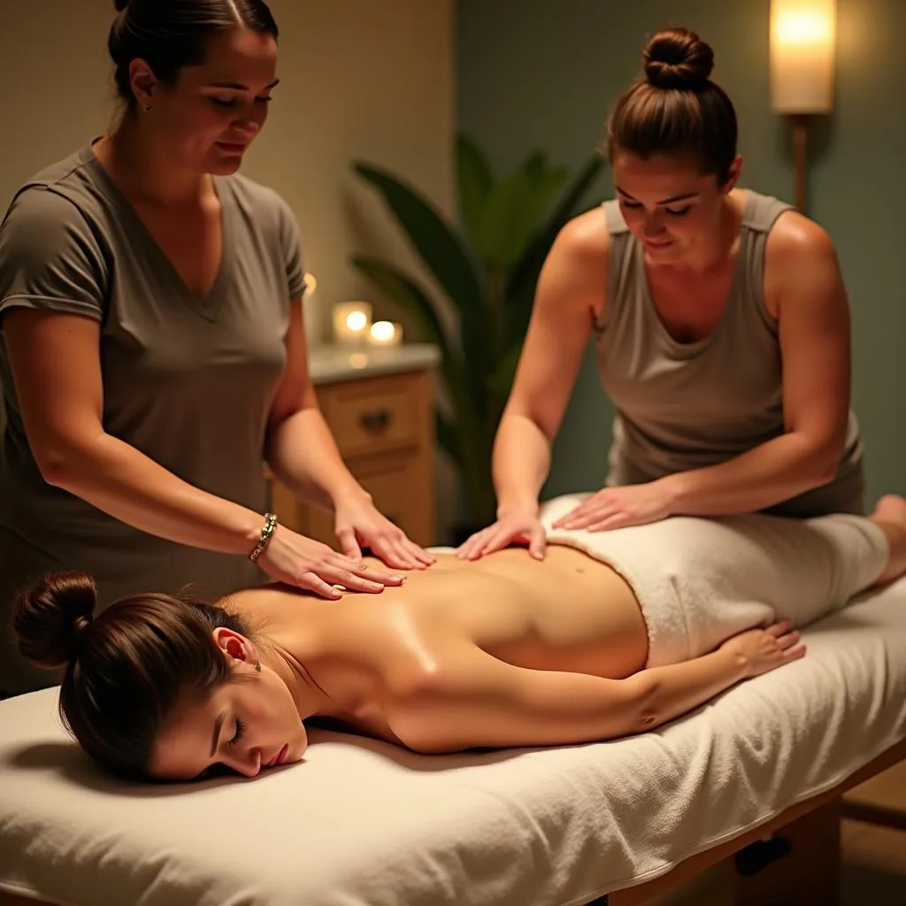 Two therapists performing a synchronized Ayurvedic massage on a client at a spa in Noida, focusing on specific pressure points for relaxation and healing.