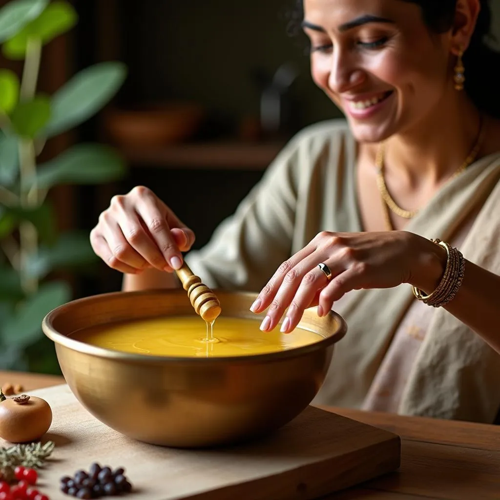 Ayurvedic practitioner preparing a honey mask