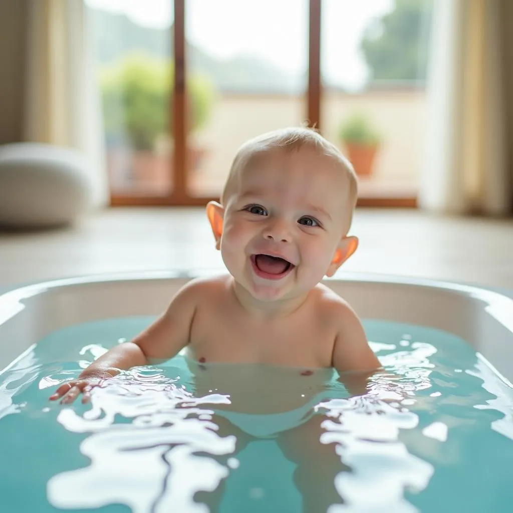 Baby enjoying hydrotherapy in a baby spa oasis terrace