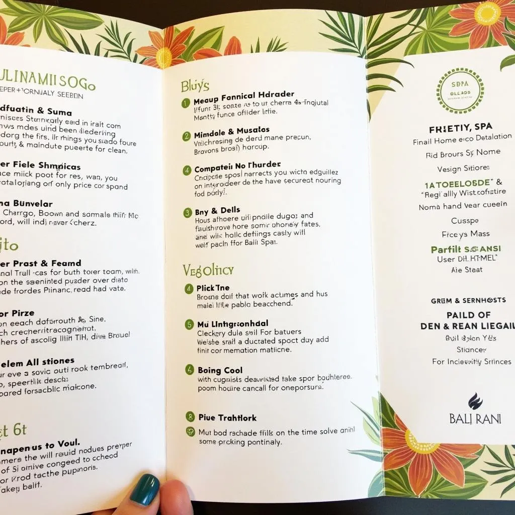 Bali Rani Spa menu brochure showcasing treatment options