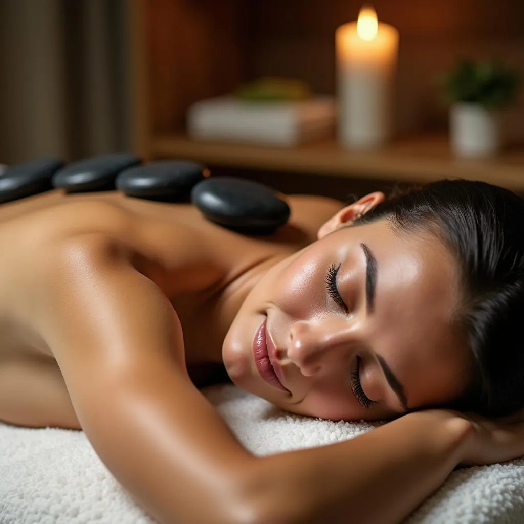 Woman receiving Balinese hot stone therapy.