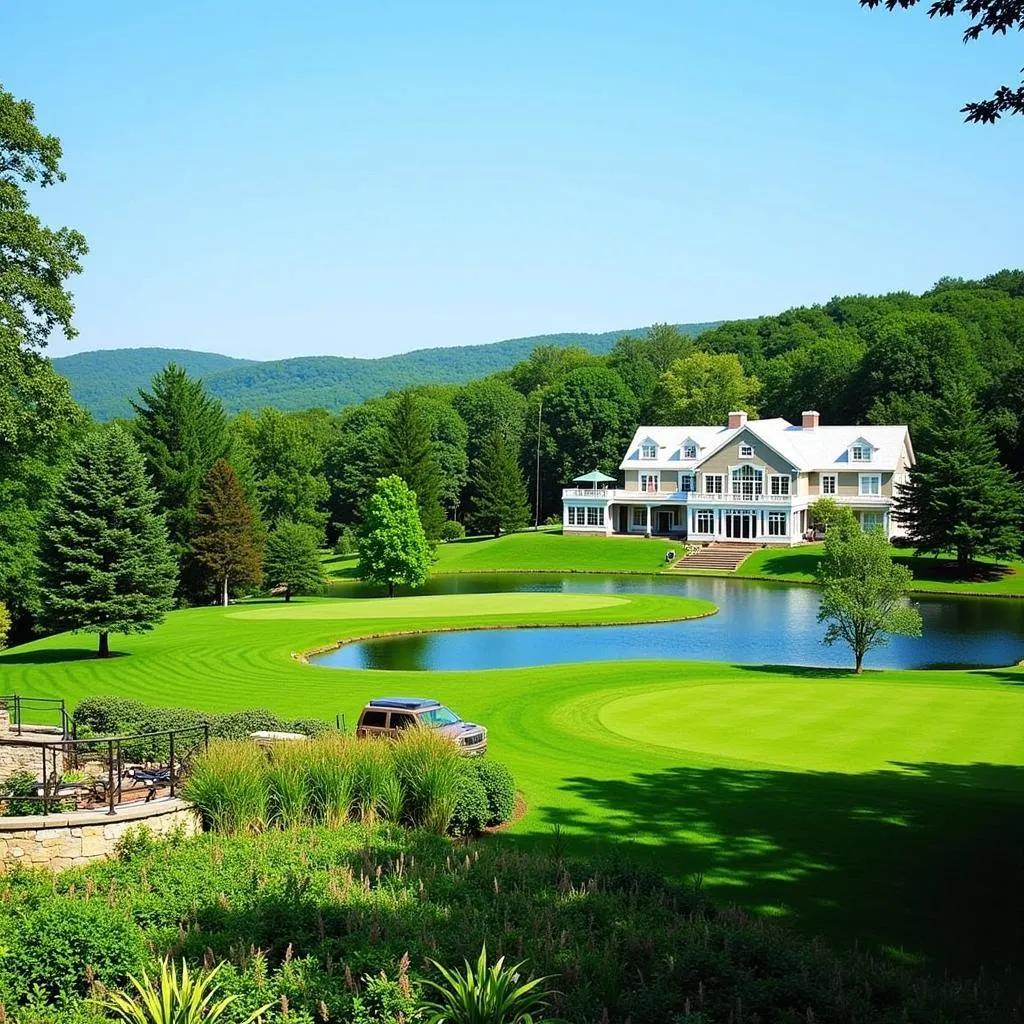 Scenic view of a tranquil spa hotel nestled amidst the natural beauty of Massachusetts