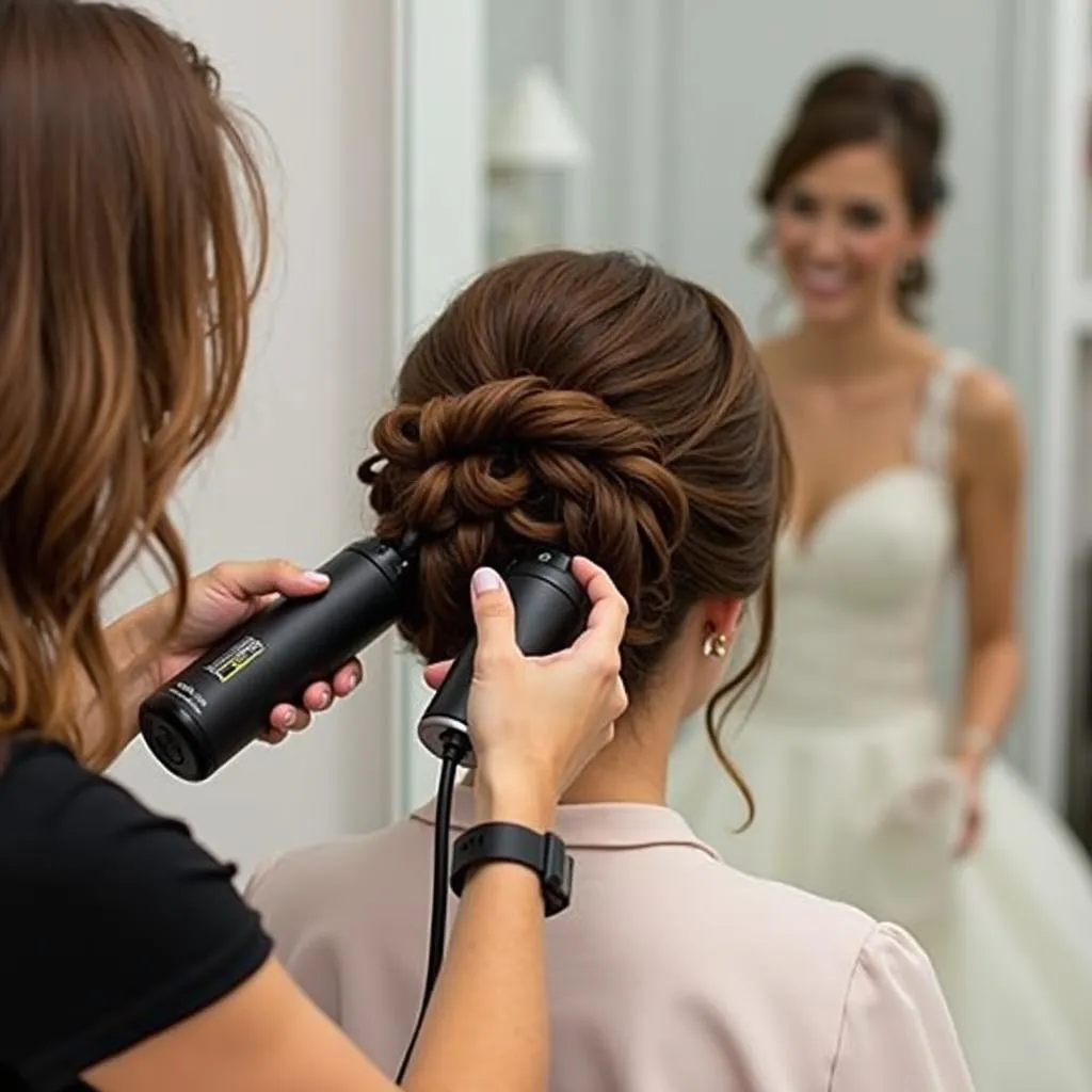 Bride getting her hair styled