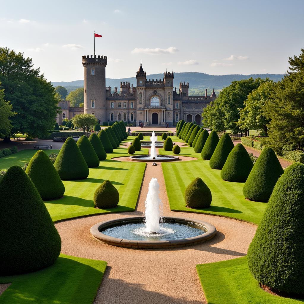 Scenic view of castle hotel spa grounds with beautiful gardens