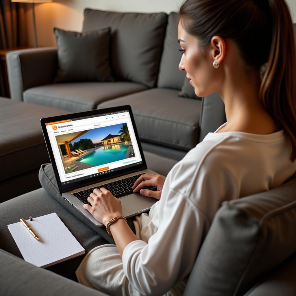 Choosing a Resort Spa - Woman researching resorts on her laptop, comparing amenities and reviews.