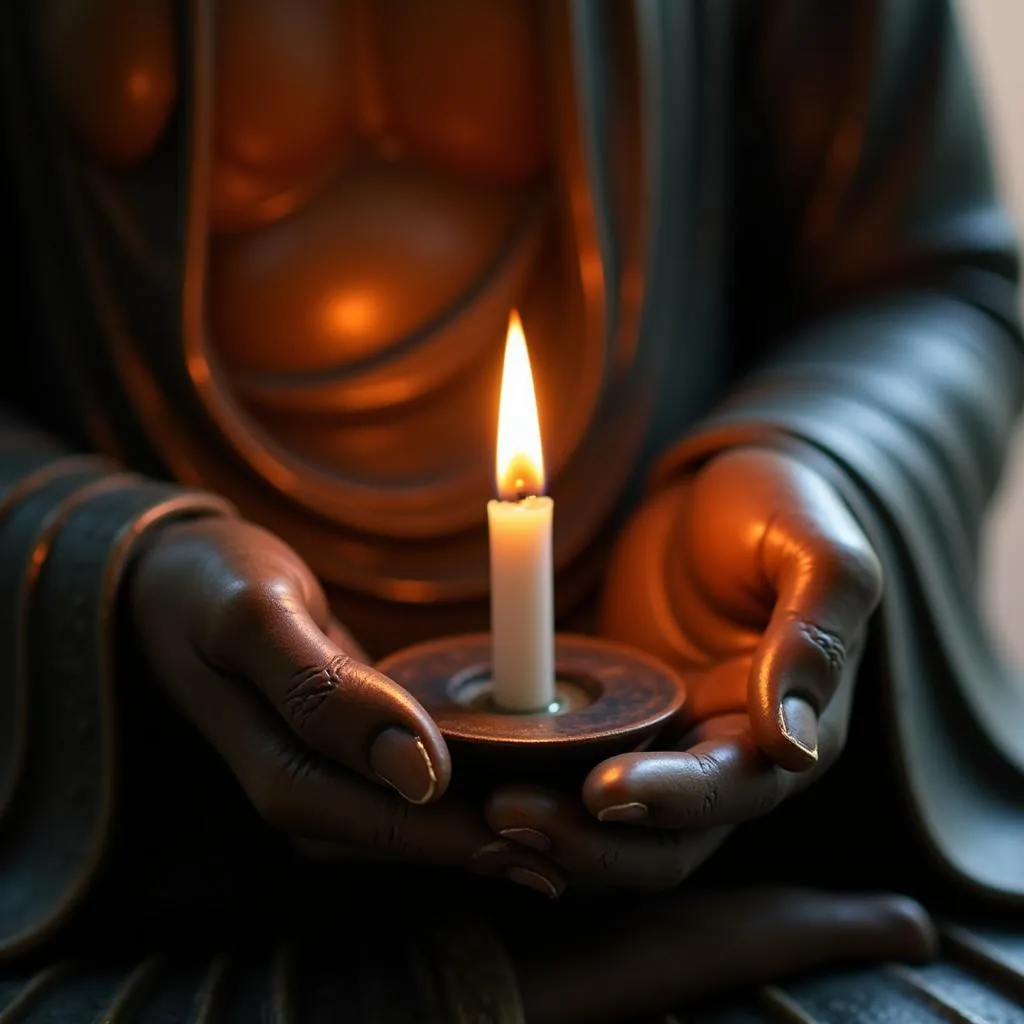 Close-up of Buddha hand holding a burning candle