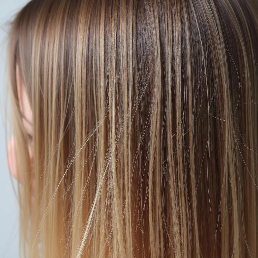 A close-up of a woman's shiny, healthy hair after an apple cider vinegar hair spa treatment.