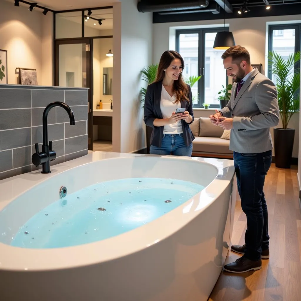 Couple choosing an aqua spa bathtub in a showroom