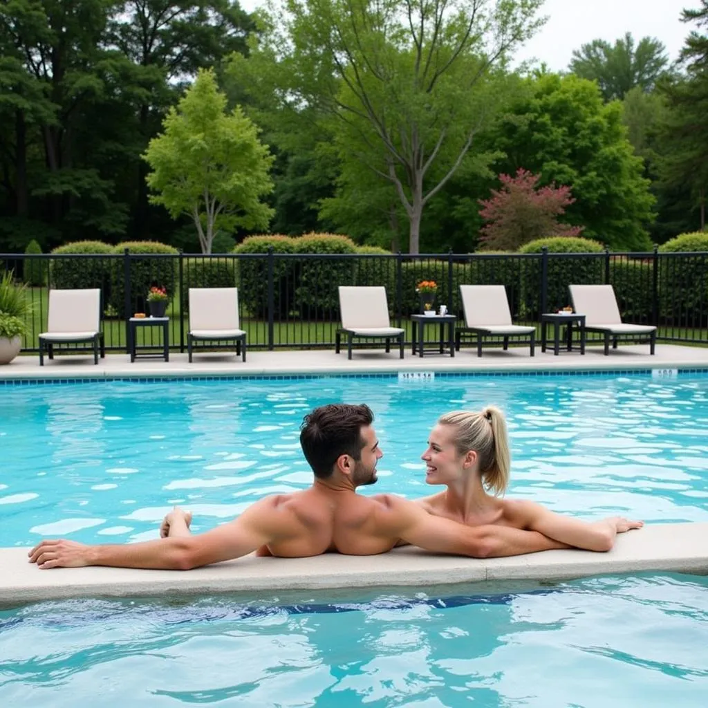 A happy couple enjoying a spa day together, relaxing by the pool