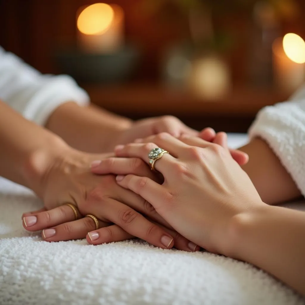 Couple holding hands during spa treatment