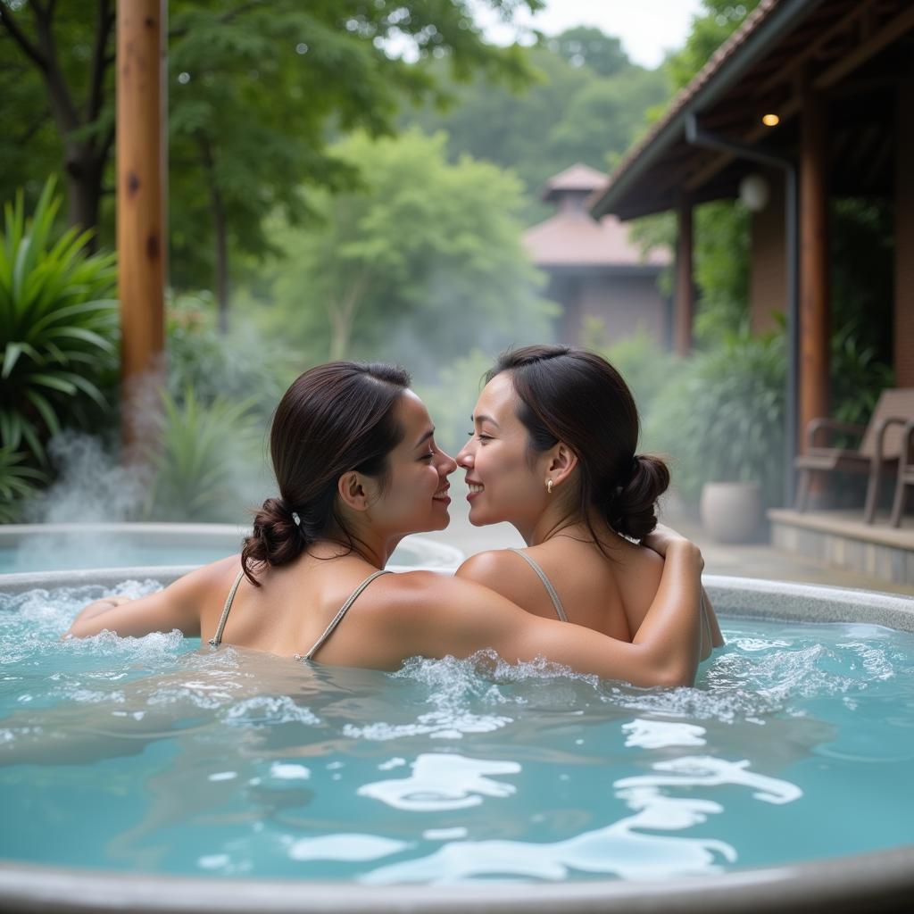 Couple relaxing in jacuzzi at a spa resort