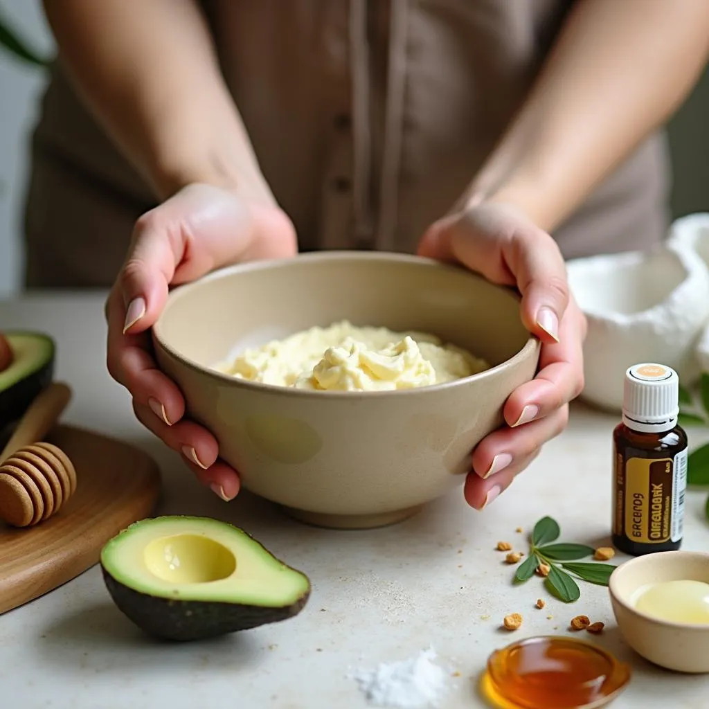 Woman preparing a DIY hair spa treatment with natural ingredients