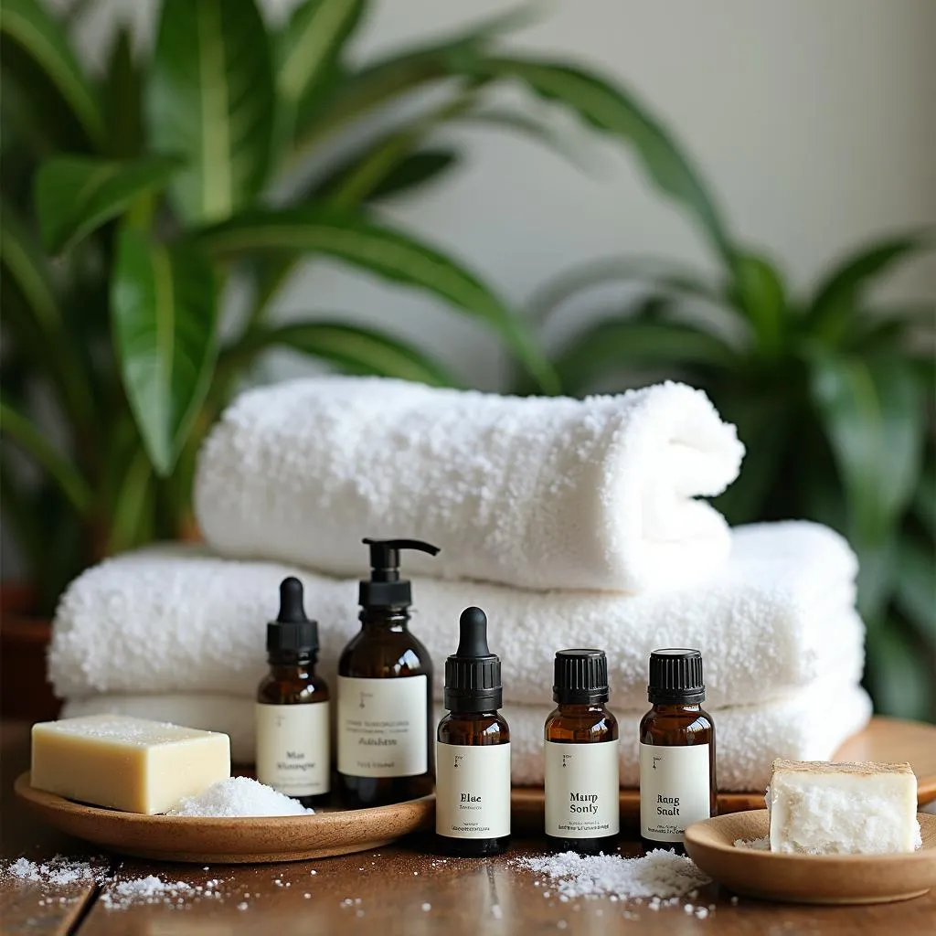 An array of natural spa products arranged on a wooden table with soft towels