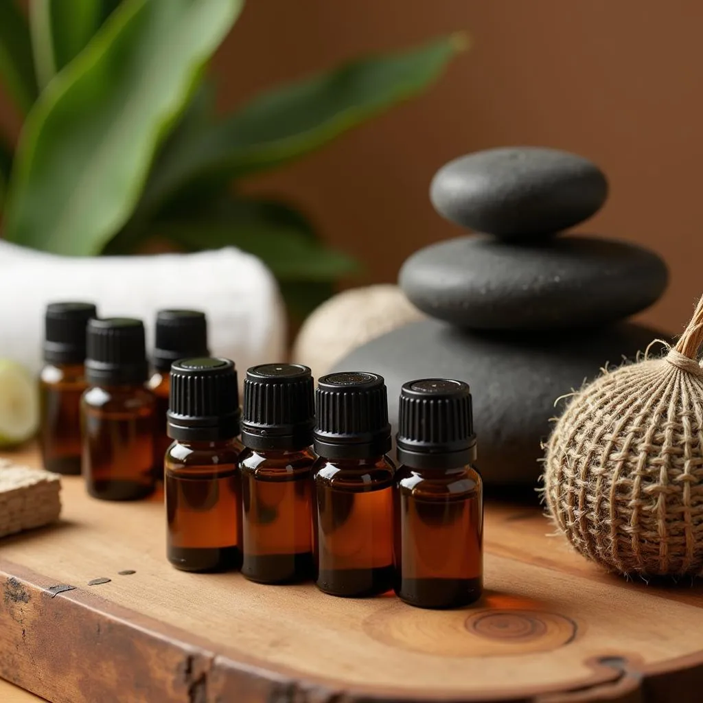 Essential oils and massage tools on a wooden table.