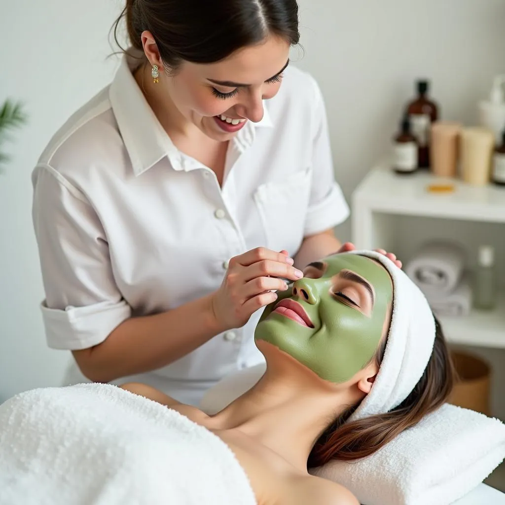 Esthetician Applying Face Mask to Client