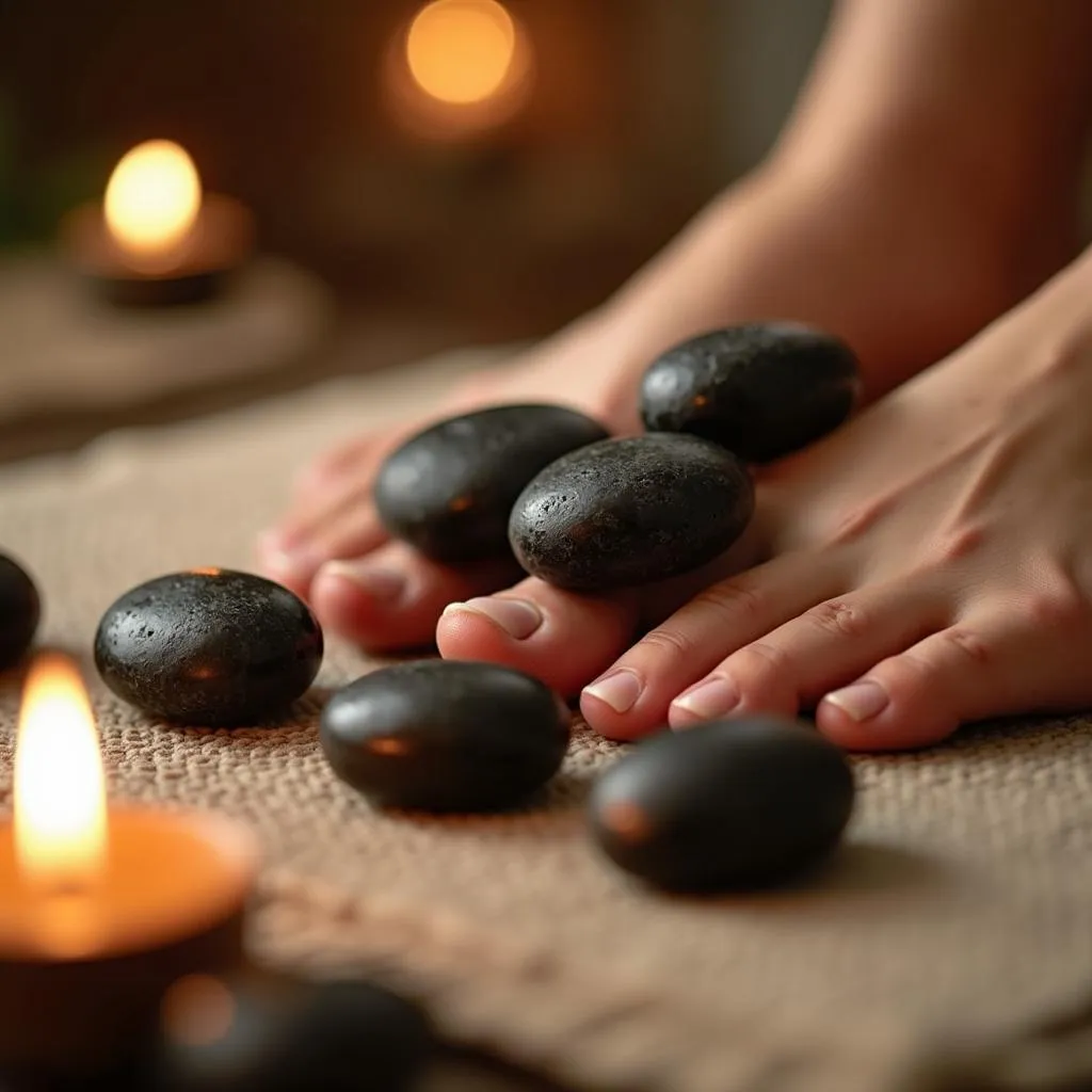 Feet massaged with hot stones