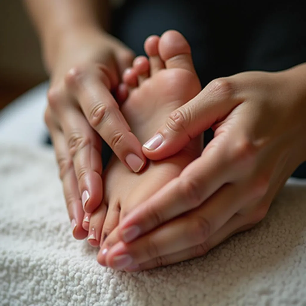 Close-up of a foot reflexology treatment.