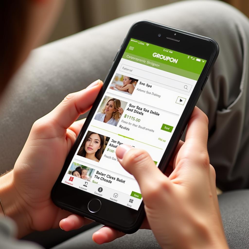 Frequently Asked Questions about Groupon: A person browsing Groupon deals on their phone.