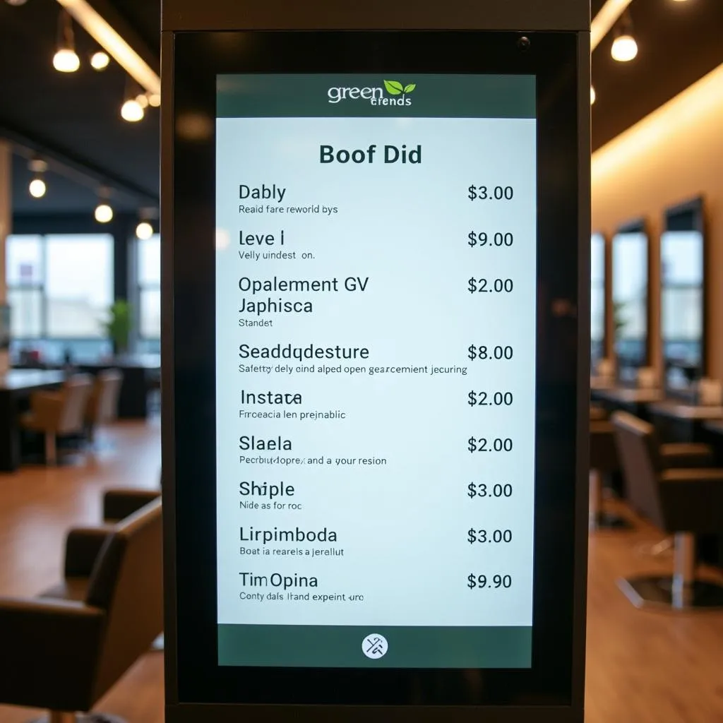 Price list for various green trends hair spa treatments displayed on a digital screen