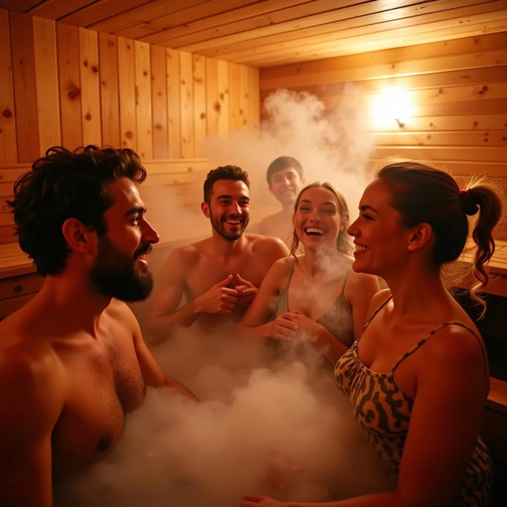 Group of Friends Relaxing in Sauna