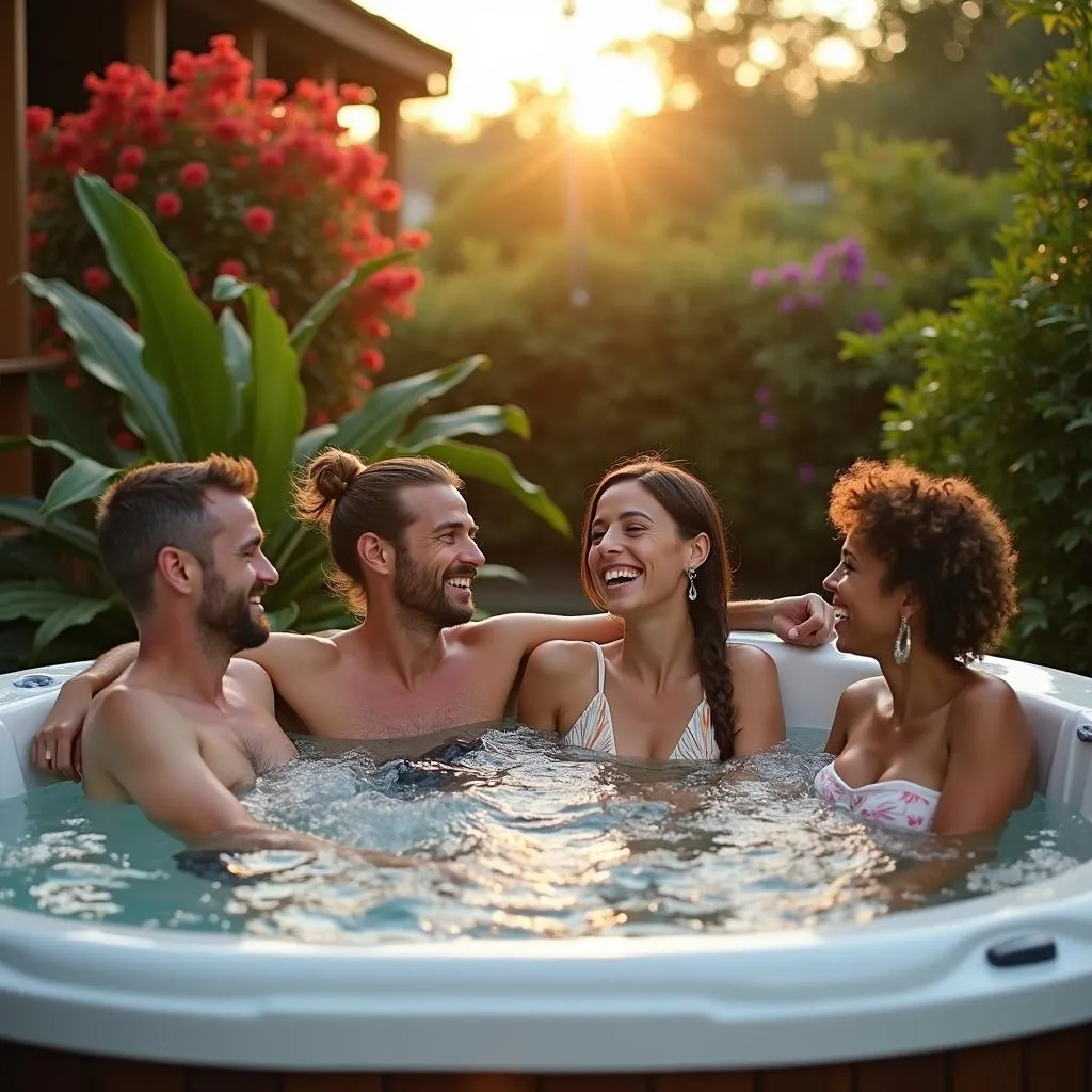 Group of Friends Relaxing in Spa Jacuzzi