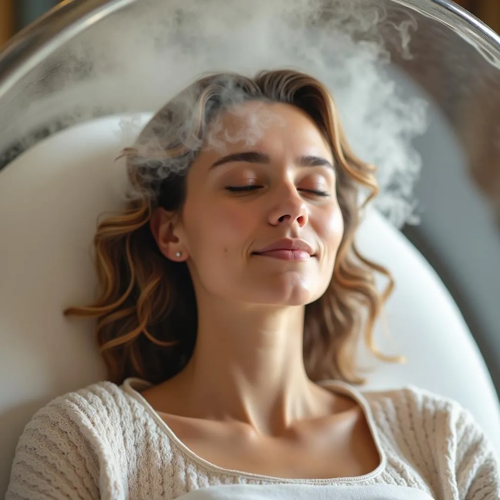 Close-up of a woman relaxing in a hair spa capsule