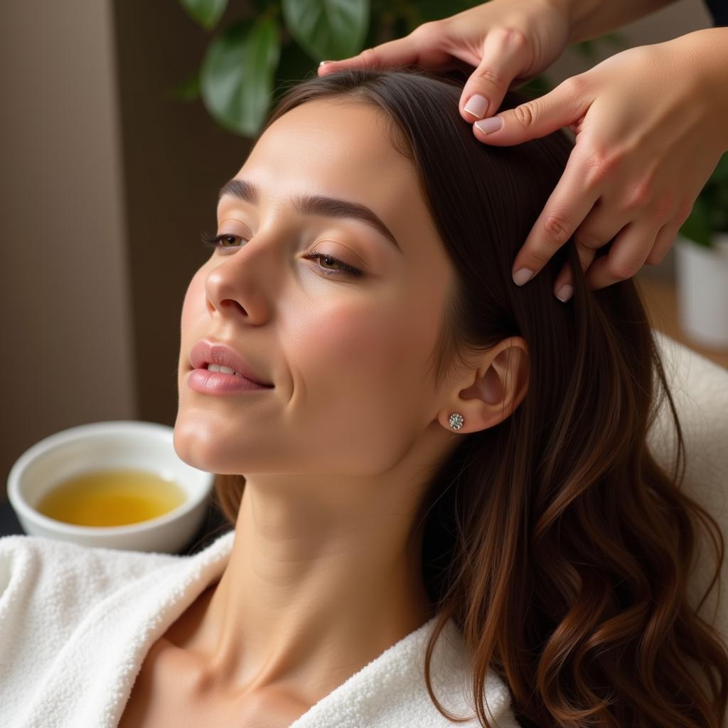 Woman getting a hair spa oil treatment