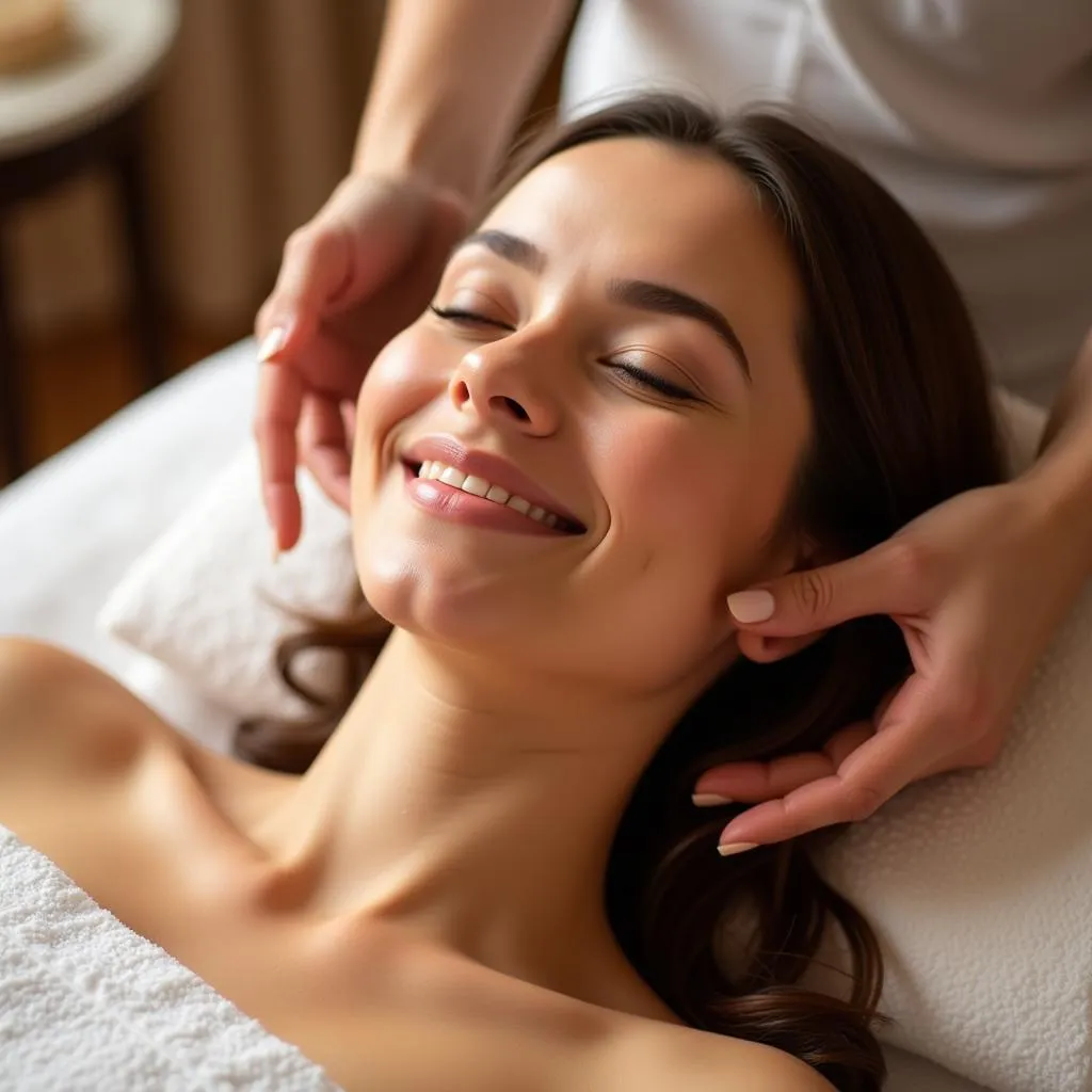 Happy and relaxed woman enjoying a spa treatment in Kalyan Nagar