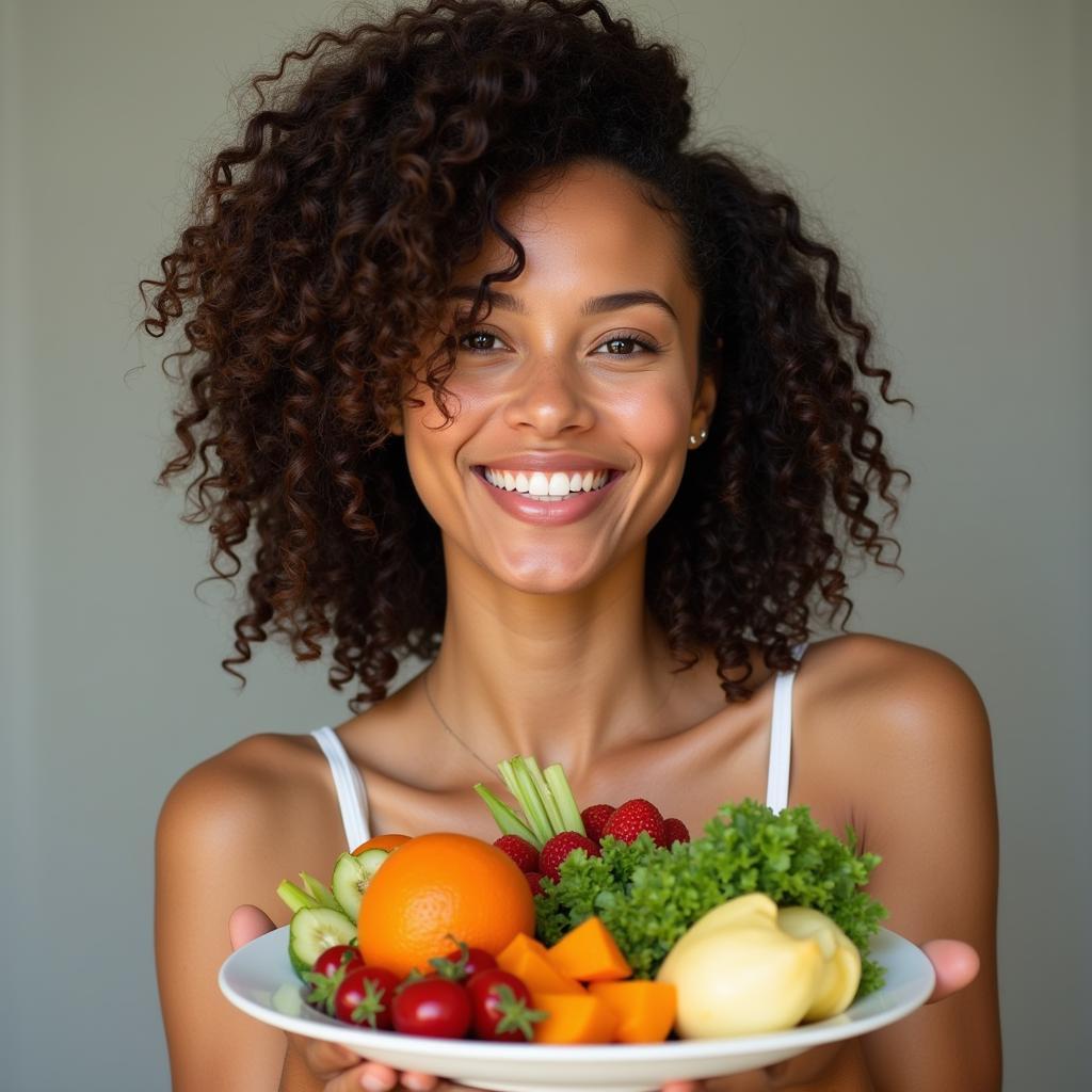 A woman enjoying a healthy lifestyle with a nutritious meal and a glass of water.