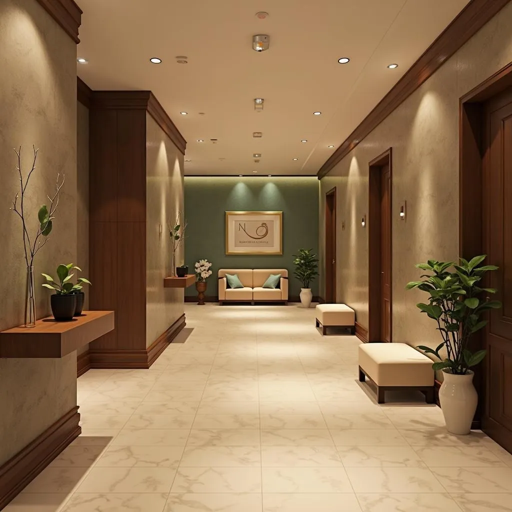 Tranquil spa reception area with soft lighting and elegant decor