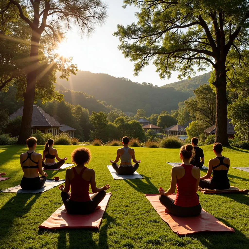 Group yoga session in a serene natural setting at Hridayesh Spa Wilderness Resort