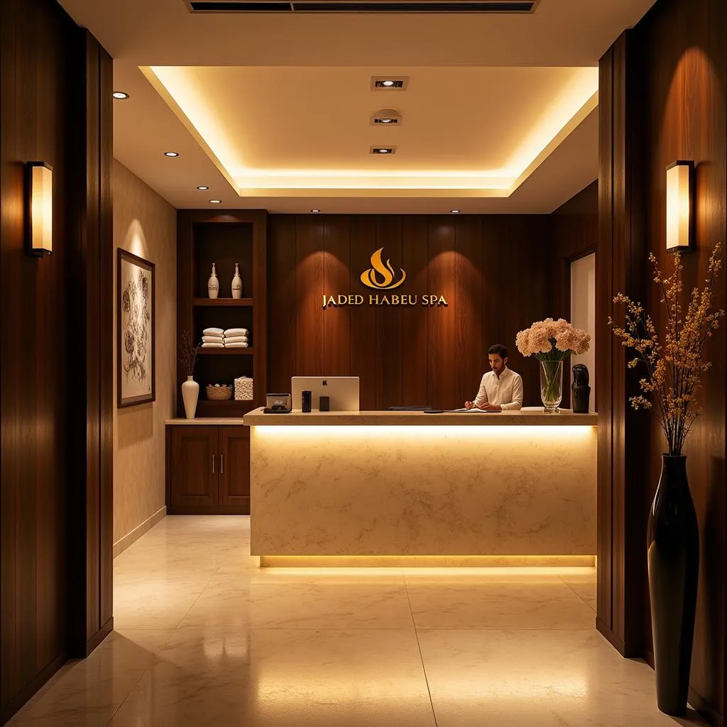 Luxurious spa reception area with warm lighting and elegant decor