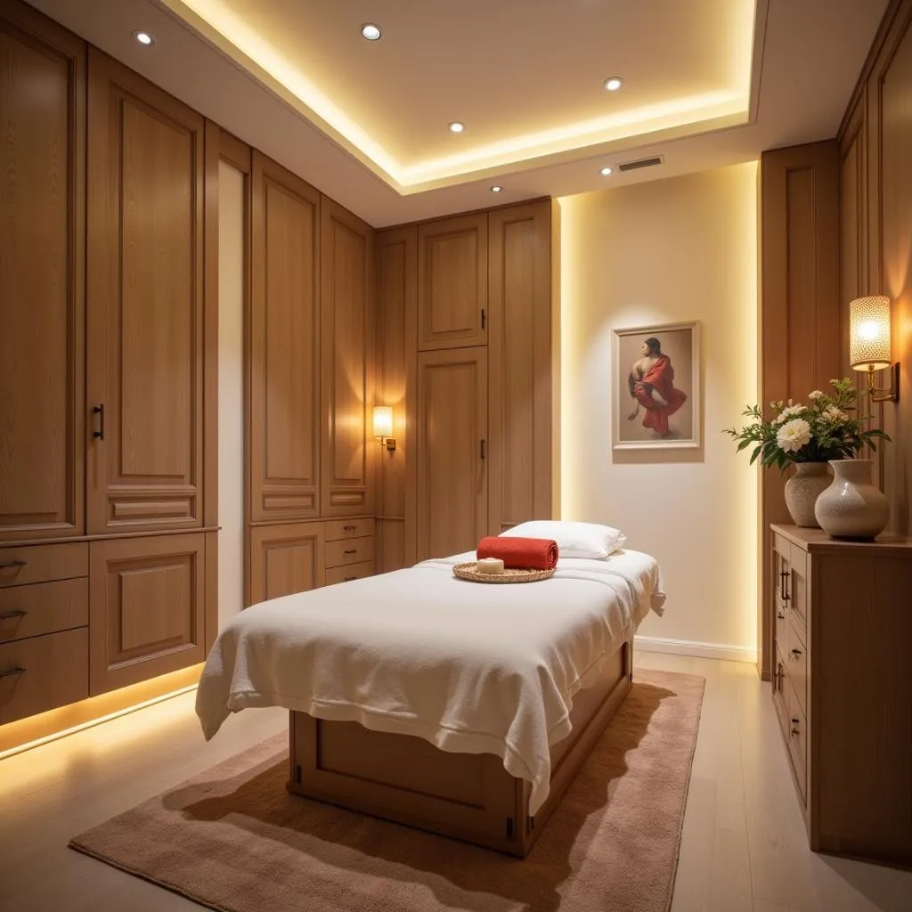 Serene spa treatment room with soft lighting and calming decor