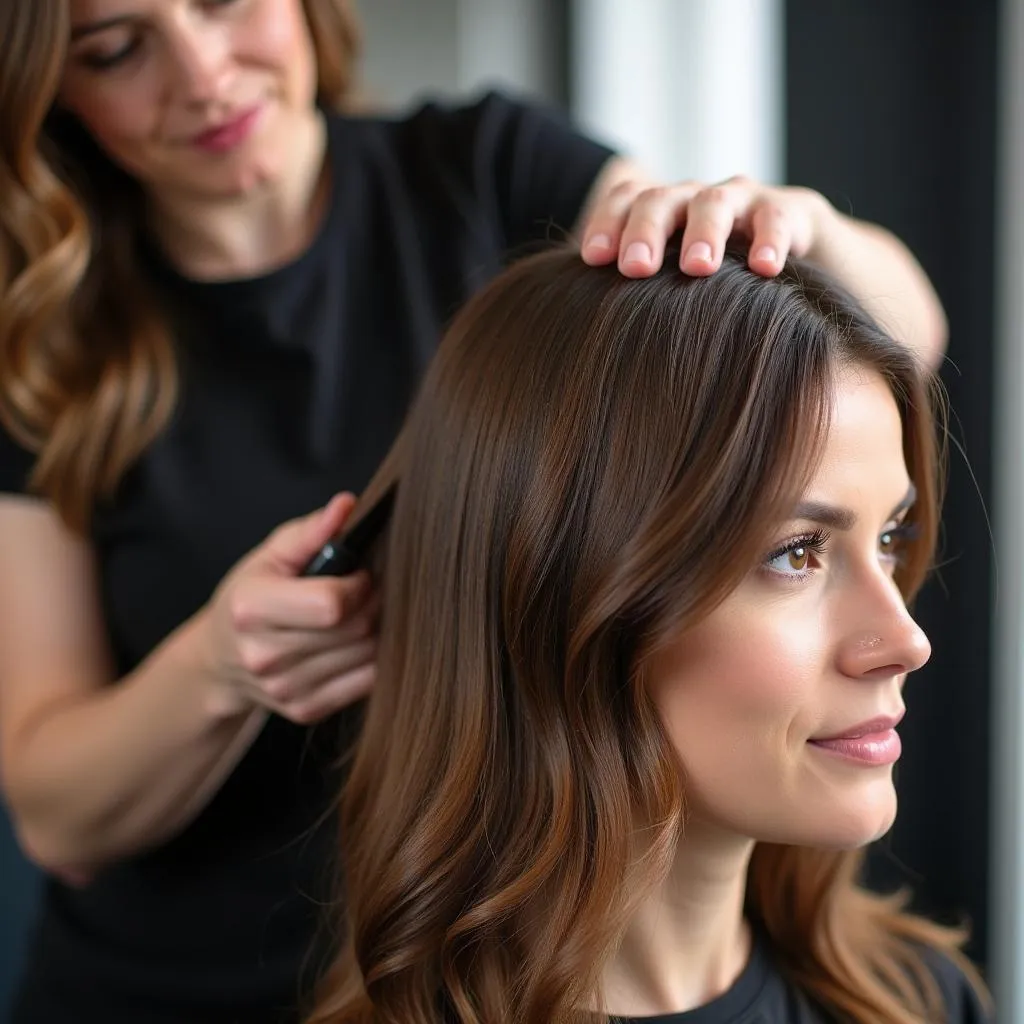 Woman getting a keratin treatment at a hair salon