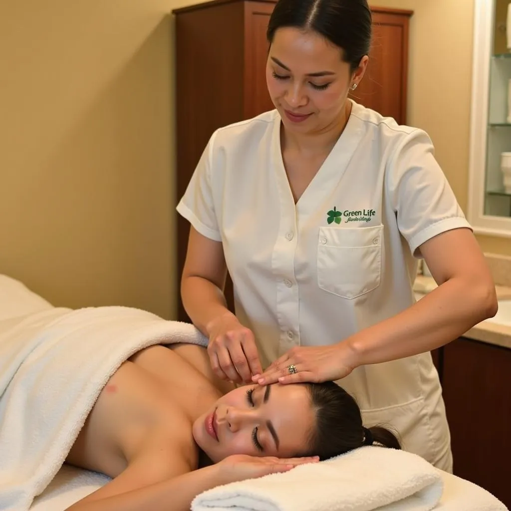 Therapist performing Korean body scrub treatment at Green Life Spa