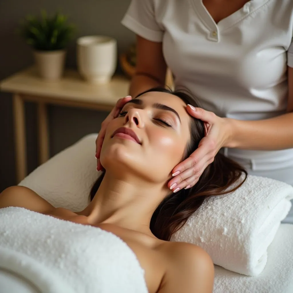 A skilled therapist performing a facial massage on a client in a tranquil spa room