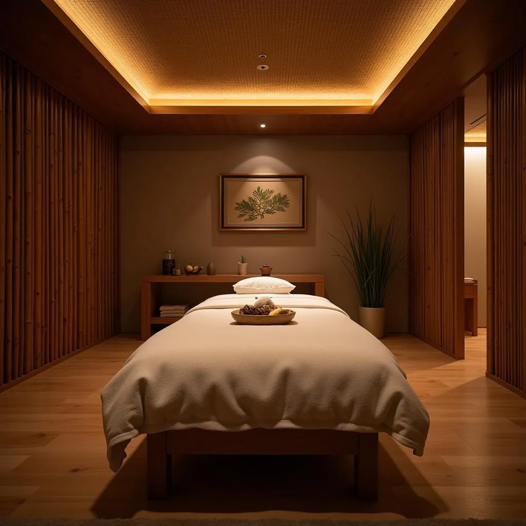 Luxurious Korean spa treatment room with traditional decor and dim lighting