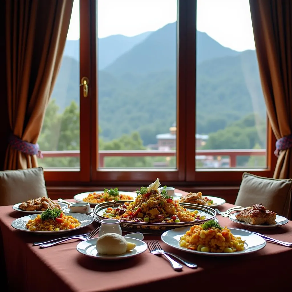 Dining experience at La Ttakshang Residency Hotel &amp; Spa, featuring a traditional Bhutanese meal and stunning views.