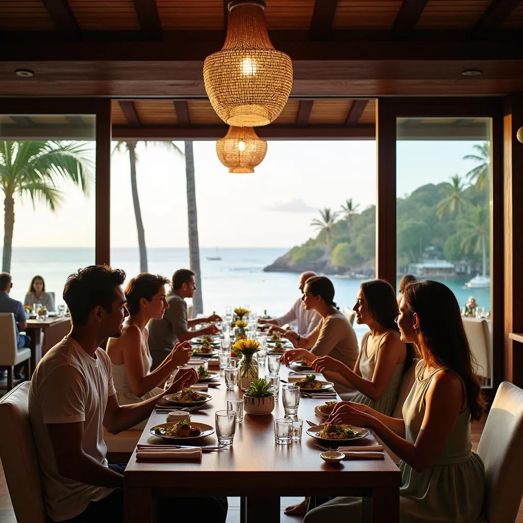 Elegant restaurant at Laguna Resort Bali with ocean views and guests dining