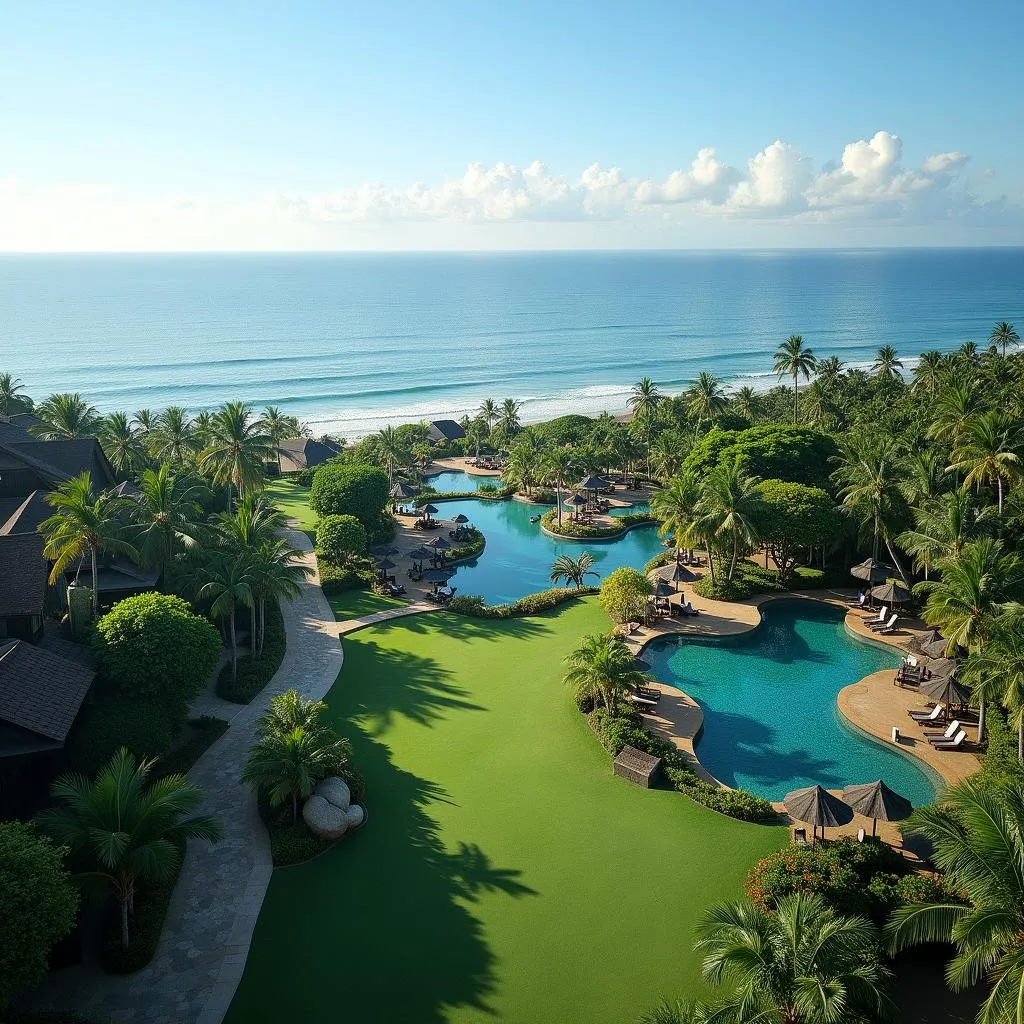 Aerial view of Laguna Resort and Spa Bali with lush gardens, sparkling pools and the ocean in the background