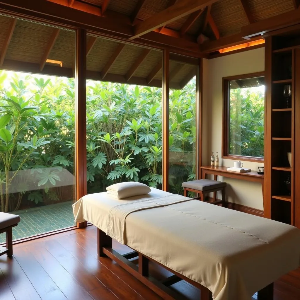 Serene treatment room at Laguna Spa Bali with a massage table and a view of the tropical garden