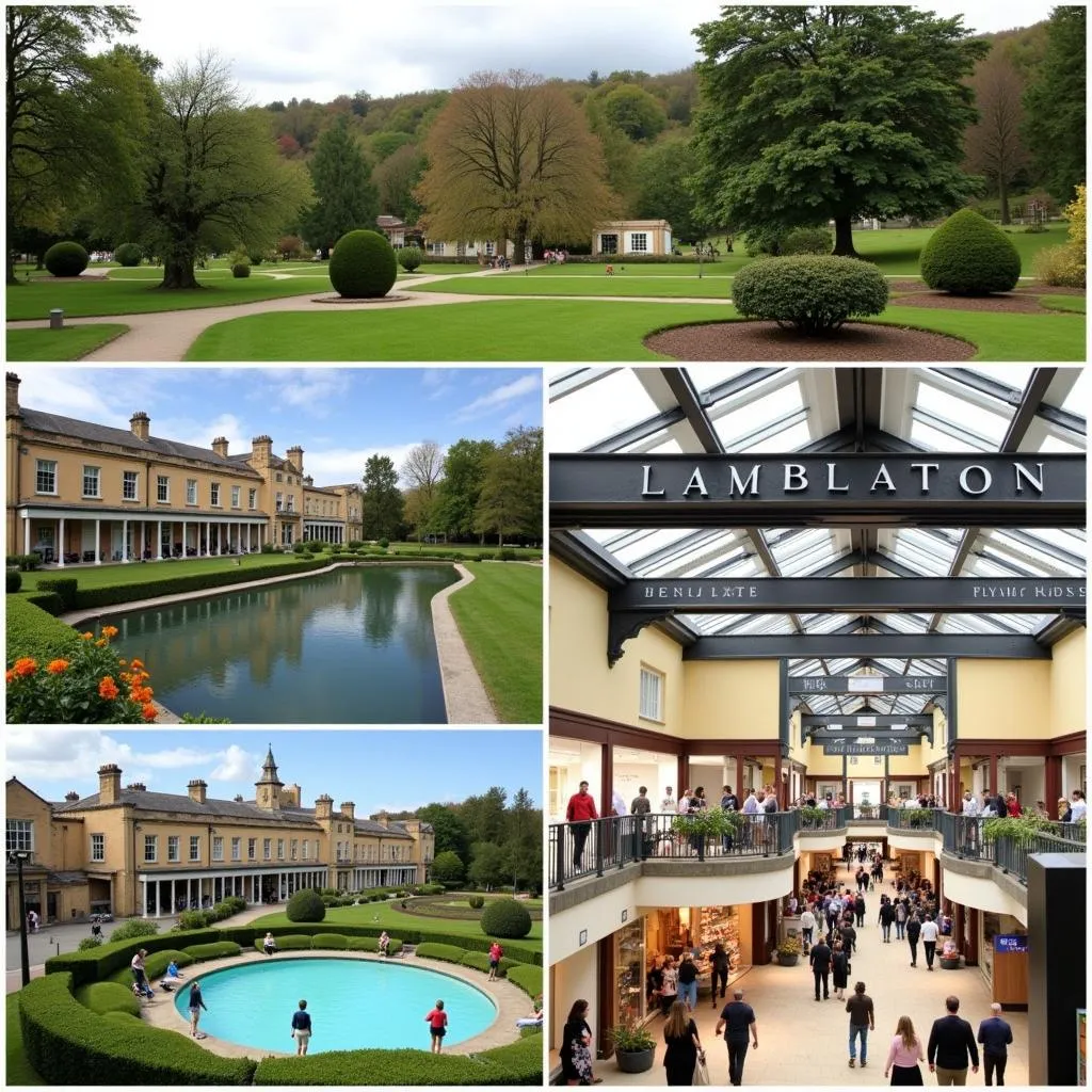 Leamington Spa attractions collage - Jephson Gardens, Pump Rooms, Royal Priors Shopping Centre