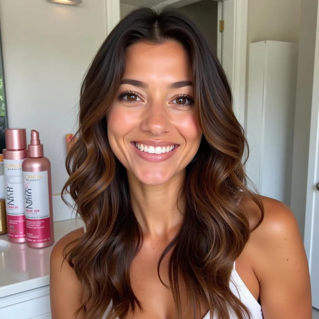 Woman with shiny, healthy hair after a L'Oreal Paris hair spa treatment.