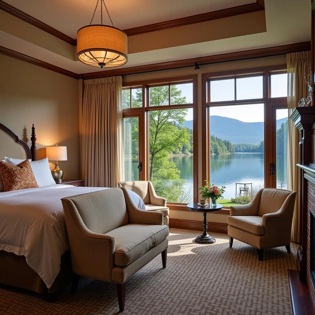 Luxurious hotel room with a view of Mirror Lake