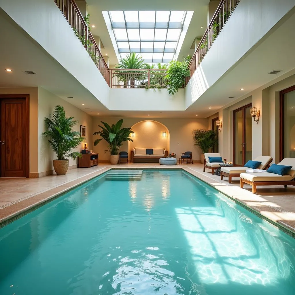 Luxurious spa hotel interior with pool and lounge area