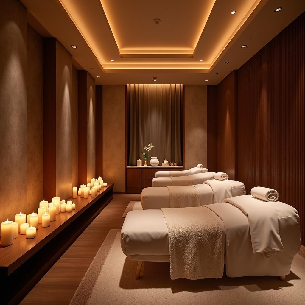 Luxurious spa interior in Hong Kong with soft lighting, candles, and flower petals