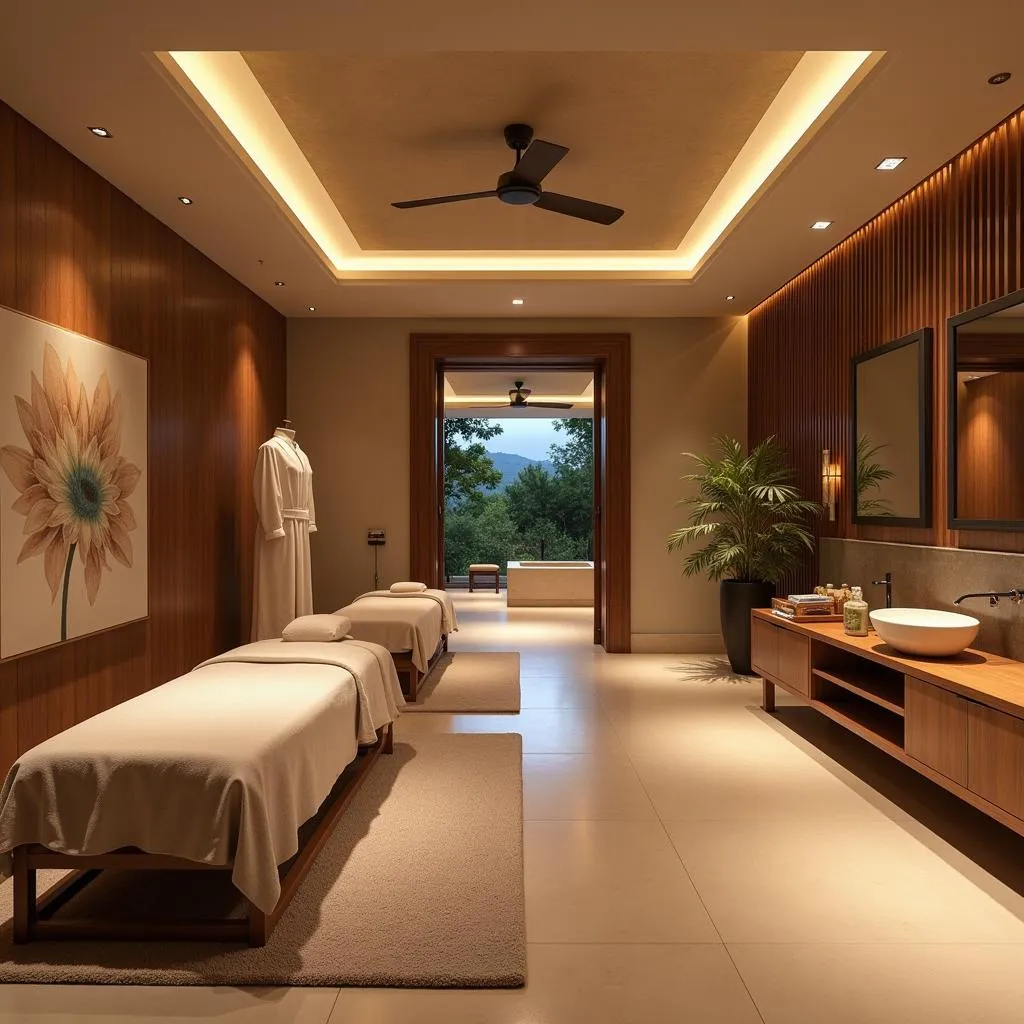  Luxurious interior of a spa in Mapusa with treatment rooms and relaxation areas.