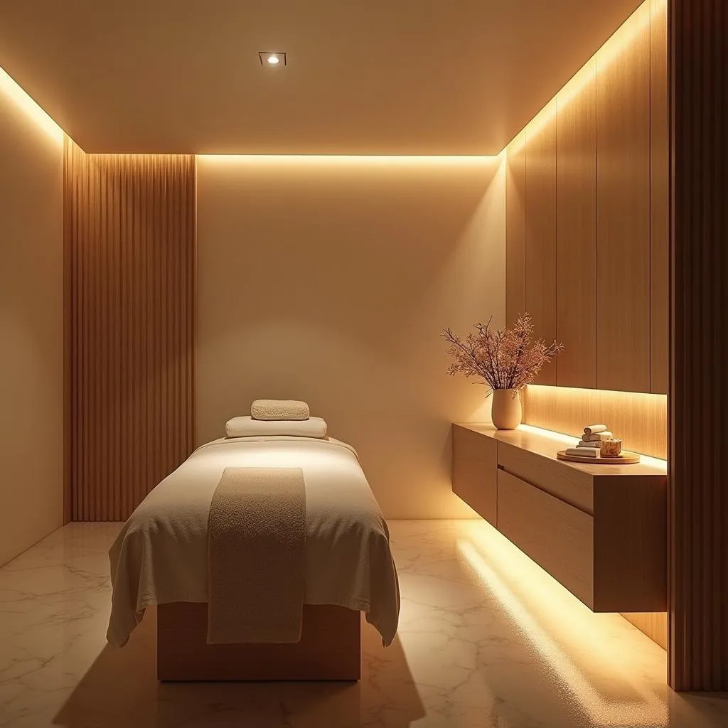 Luxurious spa treatment room with soft lighting and calming decor.